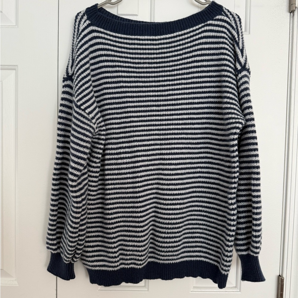 Navy and white Off-the-Shoulder Striped Sweater